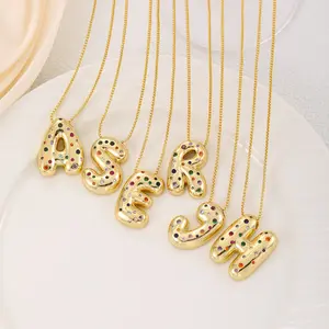 Personalized Creative Glossy Colorful Gold Large Letter Pendant Hip Hop 26 English Alphabet Necklace Cute Design with Rainbow Gems