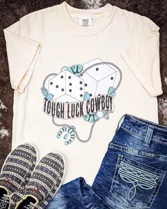 Women's Comfy Retro Casual Breathable Short-Sleeve Tough Luck Cowboy Graphic Tee - Cream