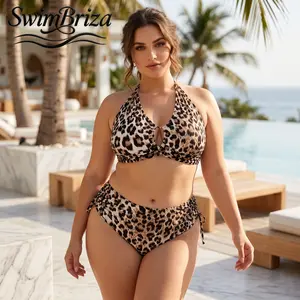Briza｜Plus Size Two Piece Swimsuit for Women High Waisted Bikini Set Halter Keyhole Leopard Print Tummy Control Bathing Suit Beach Swimwear Vacation Summer Pool Resort, Women's Swimwear, Bathing Suit for Women, Two Piece Bathing Suit