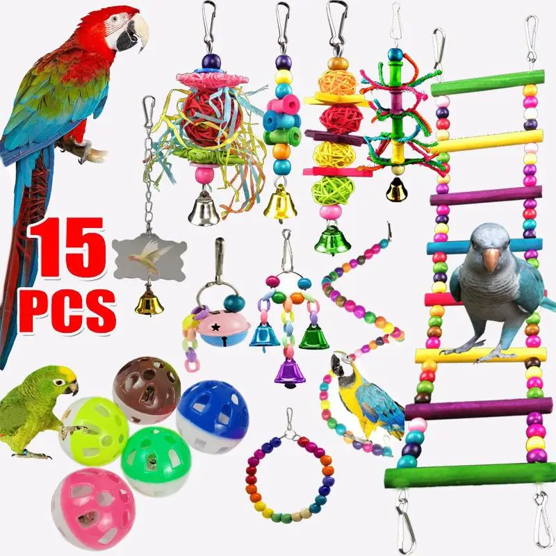 Ultimate 15-Piece Parrot Toy Set, Colorful Durable Natural Wooden Materials Interactive Toys, Enhance Your Bird's Mind, Endless Fun for Pet Birds!