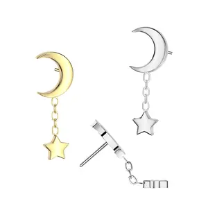 20G/18G/16G Crescent Moon Star Dangle Chain Stud • Threadless Flat Back Studs • Push Pin Labret • Flat Back Earring • Tragus Stud • Flat Back Upper Ear Stud • Helix Stud • Ear Cartilage Stud • Threadless Earring • Implant Grade Titanium • Silver • Gold