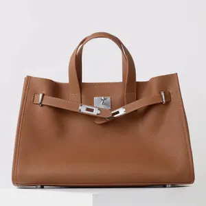2025 Newest Women Cowhide Leather Handbag Large Capacity Multi Compartment Silver Metal Hardware Classic Commuter Style Convertible Shoulder Handbag Tan