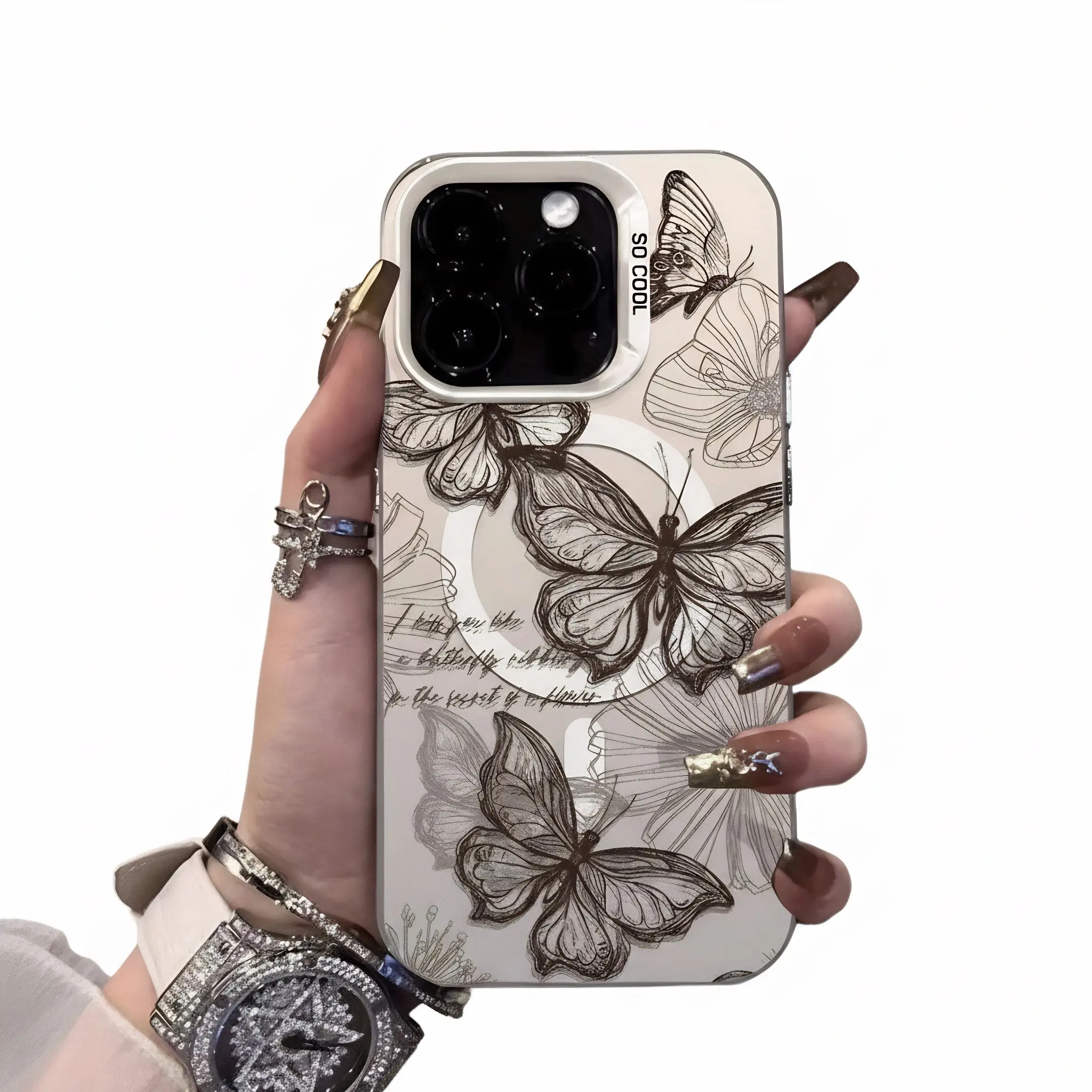 Line Butterfly Premium Magnetic Shockproof Wireless Charging Case for Phone 16 Pro Max 15 14 Pro 13 Pro Soft Edge Hard PC Back Cover with Magnetic Protection TPU Protective Casing White
