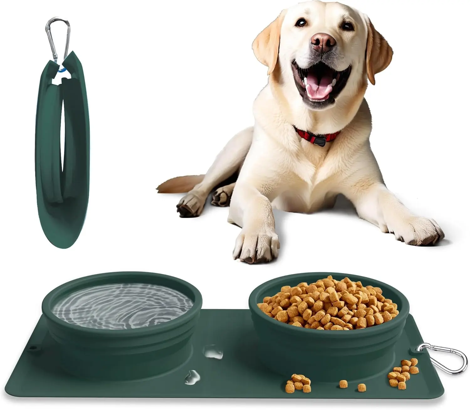 Collapsible Portable 2-in-1  Bowl, Travel  Bowl Integrated,  Foldable Expandable  Water Bowl with Carabiner - Anti-Spill and Anti-Skid - for Camping/Traveling  (Dark Green)