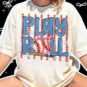 Comfort Colors Preppy Baseball Play Ball Shirt, Baseball Coquette Bow T-Shirt, Game Day Shirt, Watercolor Baseball Graphic, Gift for Baseball Moms, Sporty Aesthetic Outfit, Trendy Vintage Style, Fast Shipping USA