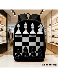 A Lightweight, Spacious Unisex Backpack Featuring a Black And White Chessboard Design, Equipped with Adjustable Shoulder Straps And Side Pockets. Perfect for Everyday Use, Commuting, And Various Activities. Great for Hiking, Climbing