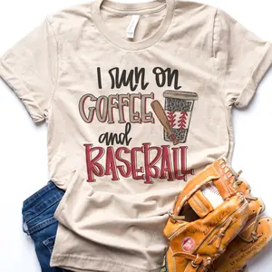 Vintage Baseball Graphic Tee Baseball Mom Tshirt I Run on Coffee Tee Baseball and Coffee Tshirt Mom Baseball T-Shirt Coffee Mom Sports Tees Game Day Sports T-Shirt Womens  Sports Tees Womens Game Day T-Shirts Casual Fit