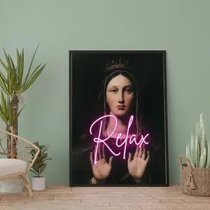[2D Flat] 1pc Eclectic Vintage Portrait Canvas Print - Moody Gallery Wall Art with "Relax" Neon Sign, Black & White Religious Figure Painting for Living Room Decor, Unique Festival Gift, No Framed Decoration Artistic