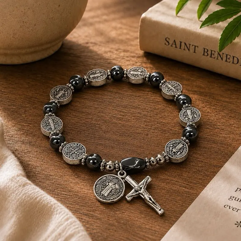 Unisex Catholic Rosary Bracelet - Classic Elegant Semi-Formal Casual Cable Chain Jewelry with San Benito Medallion Cross, Hematite Beads for Men & Women