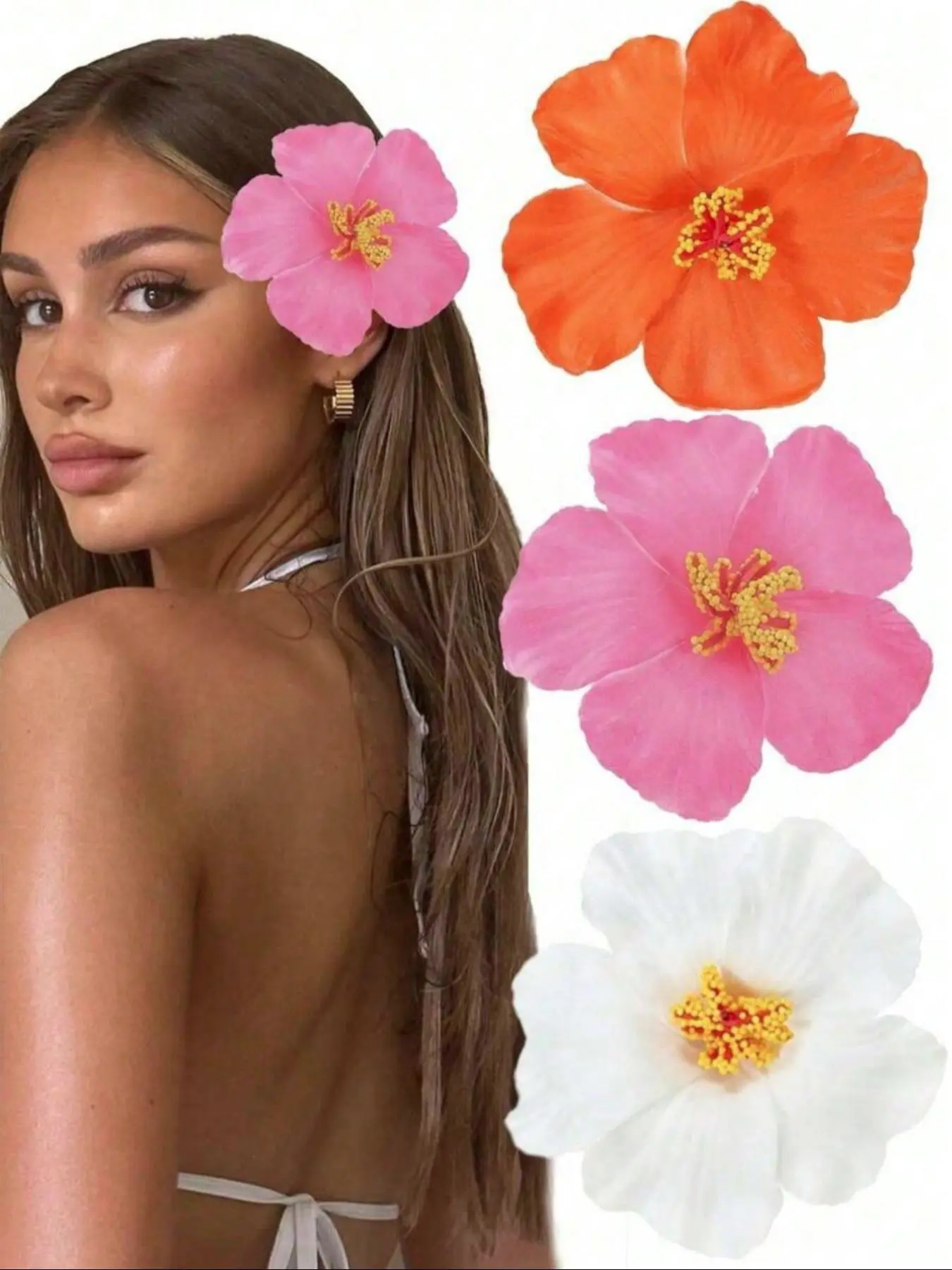 3pcs Hibiscus Artificial Flowers, Hawaii Party Decorations, Tropical Hula Decorative Hair Accessories, Summer Luau & DIY Decor, Faux Flowers