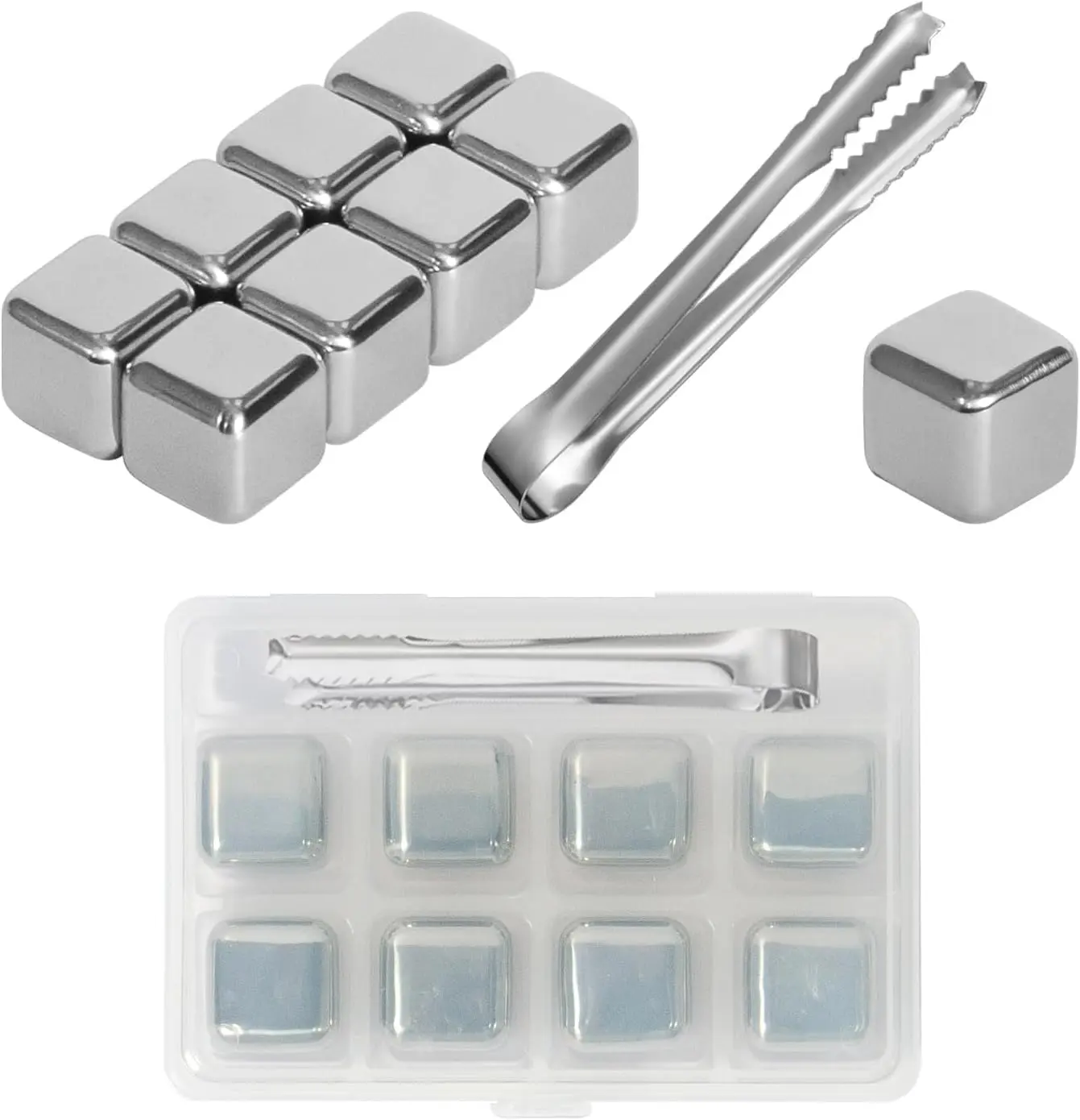 8 PCS Stainless Steel Reusable Chilling Rocks Set with 1 Pc Ice Tongs - Easy to Clean and Store, for Whiskey, Vodka Drinks, Ideal for Christmas, Father's Day, Valentine's Day Gifts for Adults, Utensils