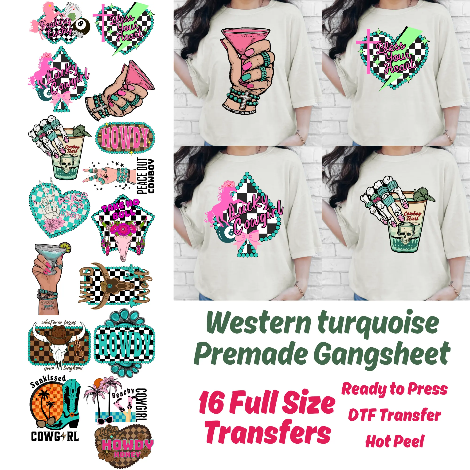 Western Turquoise premade DTF gang sheet, Turquoise Checker Transfers, Western transfers, Western heat transfers, Cowboy transfers, Cowgirl