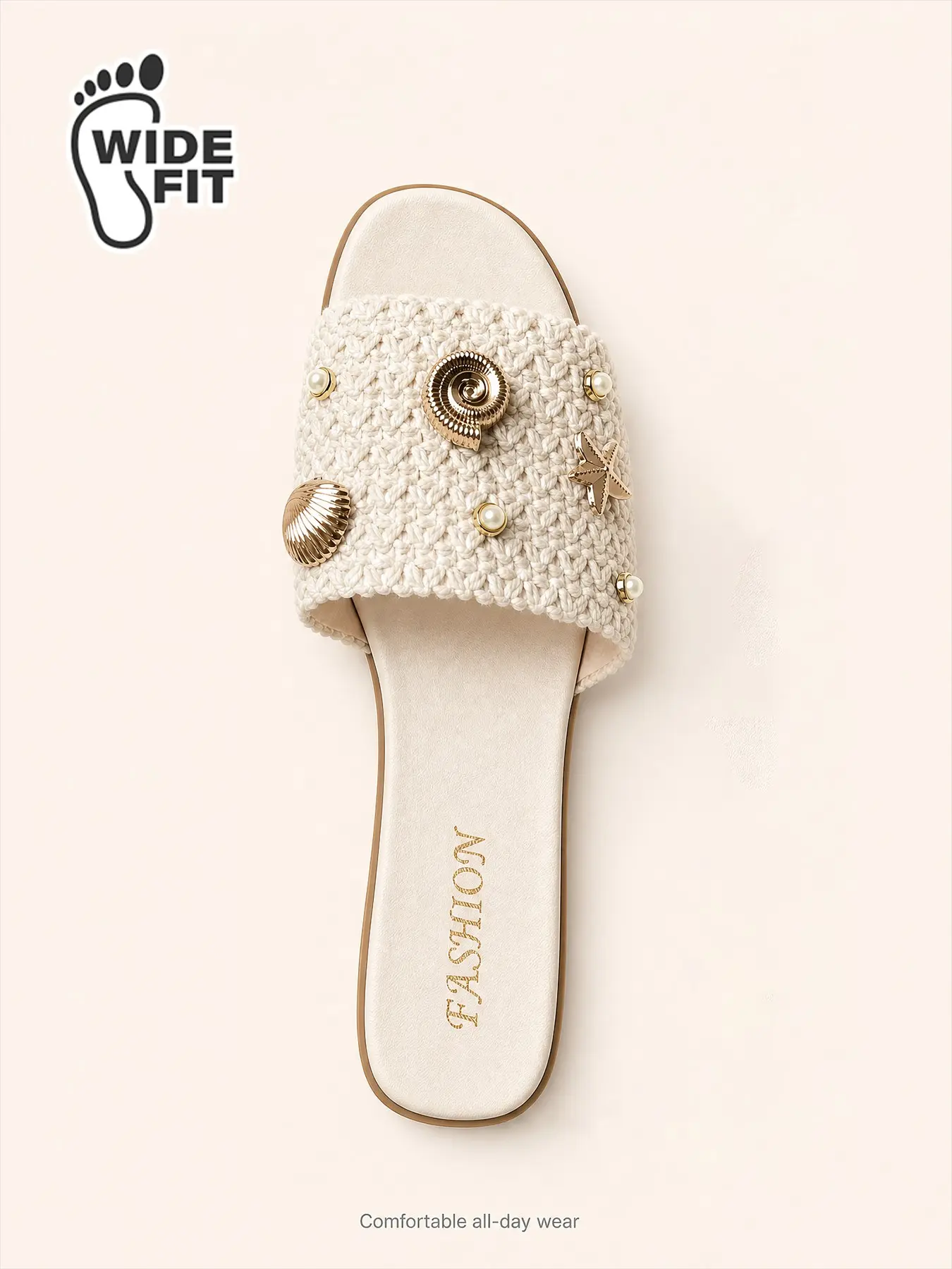 Women’s Wide Width Beach Sandals – Elegant Fashionable Sandals, Comfortable Woven Square Toe Slides for Wide Feet, Non Slip Pearl Vacation Flat Sandals, Coastal Grandma Casual Summer Sandals