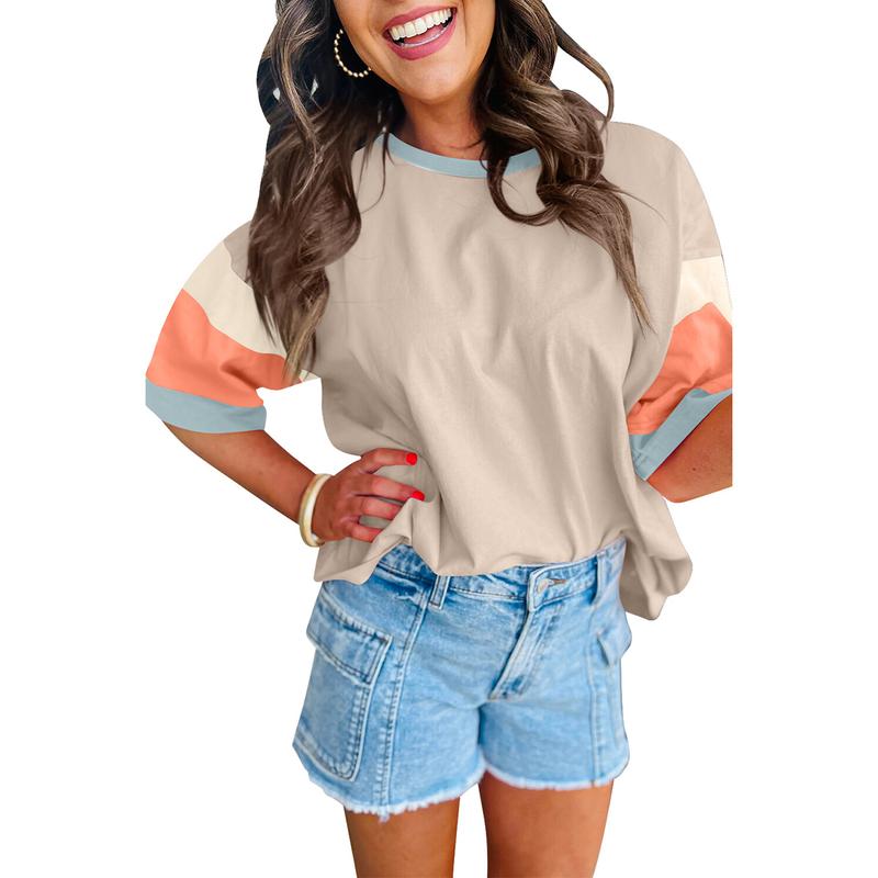 Women's Color Block Short Sleeve Top - Casual Loose Fit T-Shirt, Red (X-Large)
