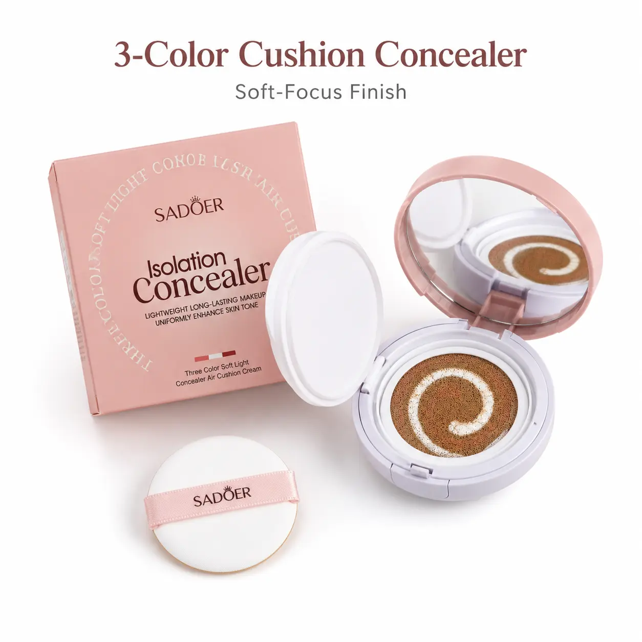 3-Color Cushion Concealer Compact with Puff and Mirror, Lightweight Air Cushion Makeup Products for a Soft-Focus Finish and Daily Care, Mirrors, Touch-Ups