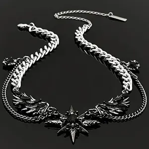 Gothic North Star Wing Black Crystal Layered Chain Choker Necklace, Punk Unisex Cuban Link Collarbone Jewelry for Streetwear