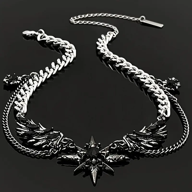 Gothic Chain Necklace with Black Crystal Star Wings, Unisex Double-Layer Cuban Link Streetwear Jewelry, Adjustable, Stackable Choker