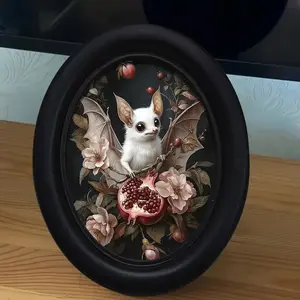 1count Gothic Style Wooden Oval Photo Frame - Handmade Recycled Wood Wall Art with Lovely White Bat & Pink Peonies Design, 6.8x8.7Inch,Halloween Holiday Decoration, Floral Moth Design,Vintage Aesthetic, Vintage Collectors, Solid Wood Frame