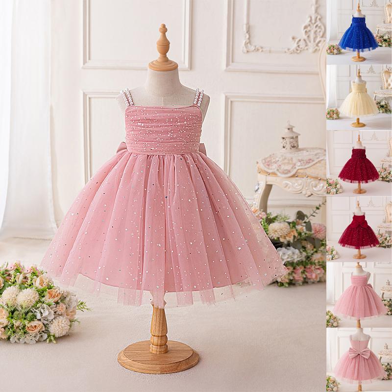 3-8y-pink-sequins-beading-6025-kids-clothes-bow-flower-girls-frock-ball