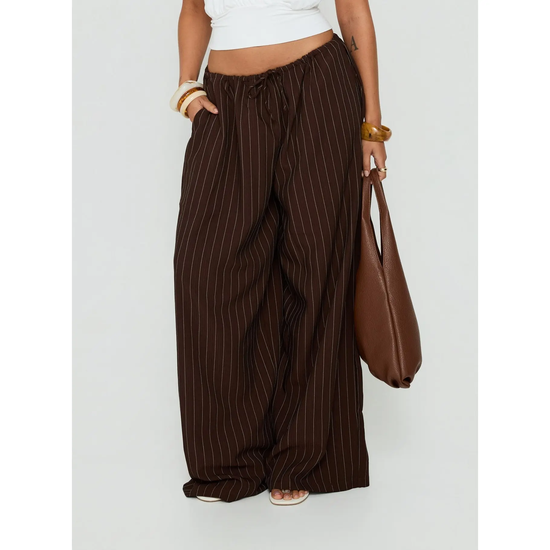 Bungala Oversized Relaxed Pants Brown Pinstripe