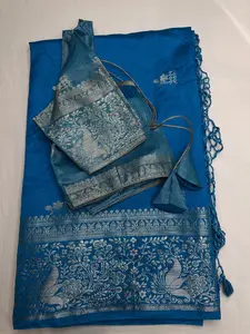 Raw Mango Silk Blue Silver Zari Saree