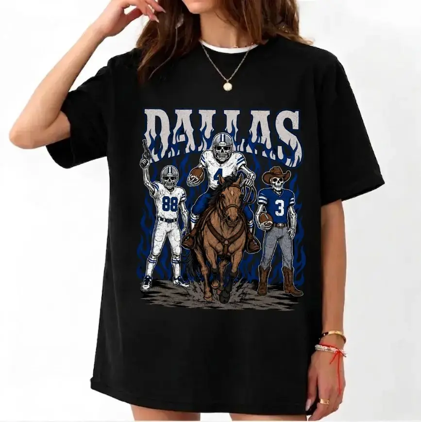 Dallas Football Skull Adult T-Shirt, graphic t-shirts, Dallas Football merch, Gift For Fan Football Unisex, men's clothing clothes merch, Gift For Women, Football Mascot Tee, Retro Dallas Football Apparel