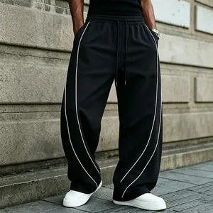 1-pack polyester men’s casual pants with side stripes, lightweight fabric, elastic waistband with drawstring; street-style long pants suitable for sports and leisure.