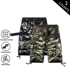 2-Pack Men’s Camouflage Cargo Shorts, Summer, Multi Pockets, Loose Straight Cut, Knee-Length, American Retro Casual Sportswear