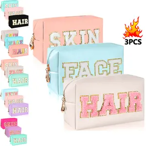 AZMT/3PCS  Ladies' travel grooming bag, Chenille Letter Cosmetic Bag,  suitable for skin, hair and facial care bags,  large capacity convenient business travel bag bathroom bathing beauty and health convenient small fragrance makeup bag
