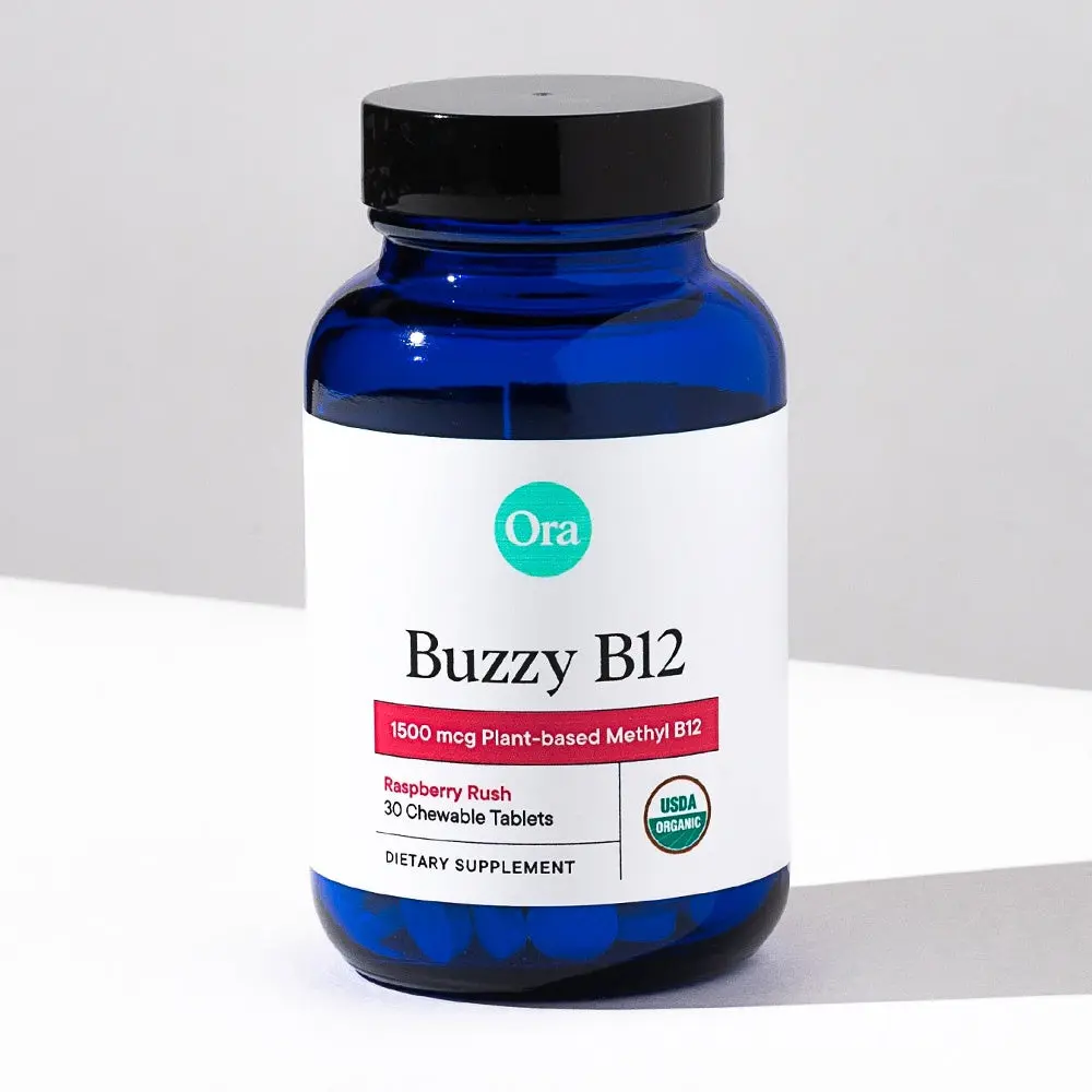 Organic Vitamin B12 Chewables for Brain and Heart Health - 1,500mcg High Strength from Bioavailable Vegan Source | Raspberry Flavor | 30 Chewable Tablets | Buzzy B12 Dietary Supplement by Ora Organic