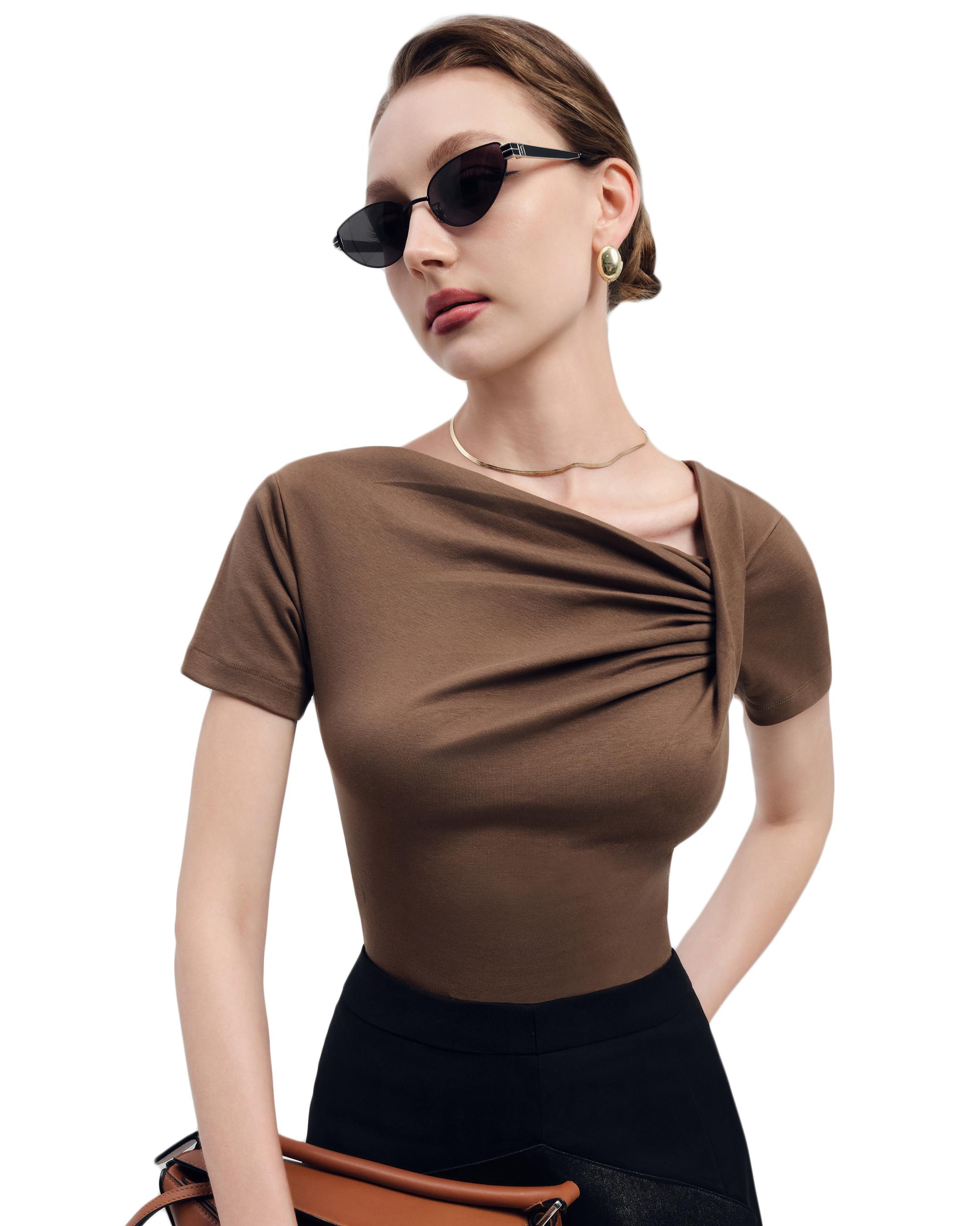 [2025 Spring] Off-The-Shoulder Ruched Shortsleeve Designer Top for Women – 100% Ribbed Cotton, Asymmetrical , Chic Casual Urban Outfit