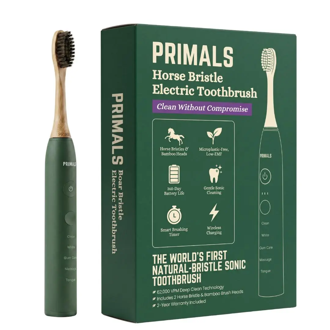 PRIMALS Horse Bristle Electric Toothbrush - Bamboo Heads, No Microplastics, Low EMF Sonic Technology, Includes 2 Replacement Heads and Wireless Charging Port