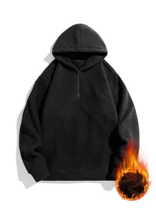 Black Sheepskin Faux Fur Half Zip Hoodie Winter Warm Fleece Pullover Coat Loose Casual Jacket Plush Lambswool Semi-zipper Design for Cozy Stylish Wear