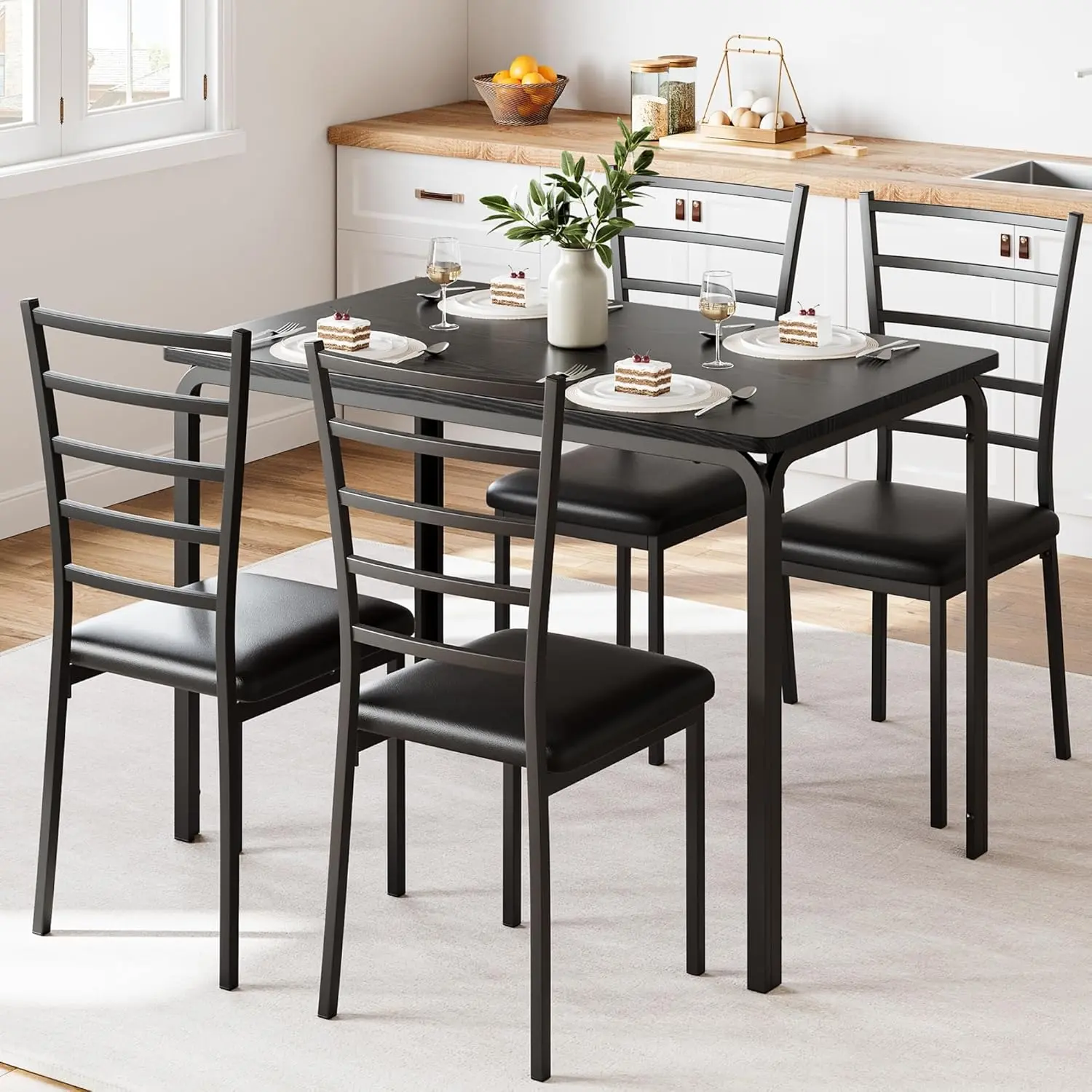 【Christmas Gift】5 Piece Dining Table Set, Modern & Retro Kitchen Table Furniture for Dining Room, Compact Space-Saving Table Set, Metal Frame Wood Tabletop, 4 Upholstered Pu Chairs
