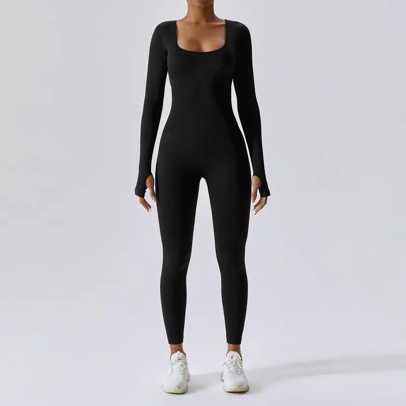 PASSBYE Women's Stretchy Ribbed Nylon Bodysuit - A-Type Cute Casual Sporty Jumpsuit, Sexy Compression Long Sleeve Fitted Machine Washable Workout Overalls for Yoga Gym, Fits Most Figures