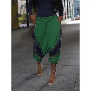 Women’s Fashion Patchwork Harem Pants, Casual Loose-Fit Long Trousers, Stylish Ripped Design, Perfect for Spring & Fall