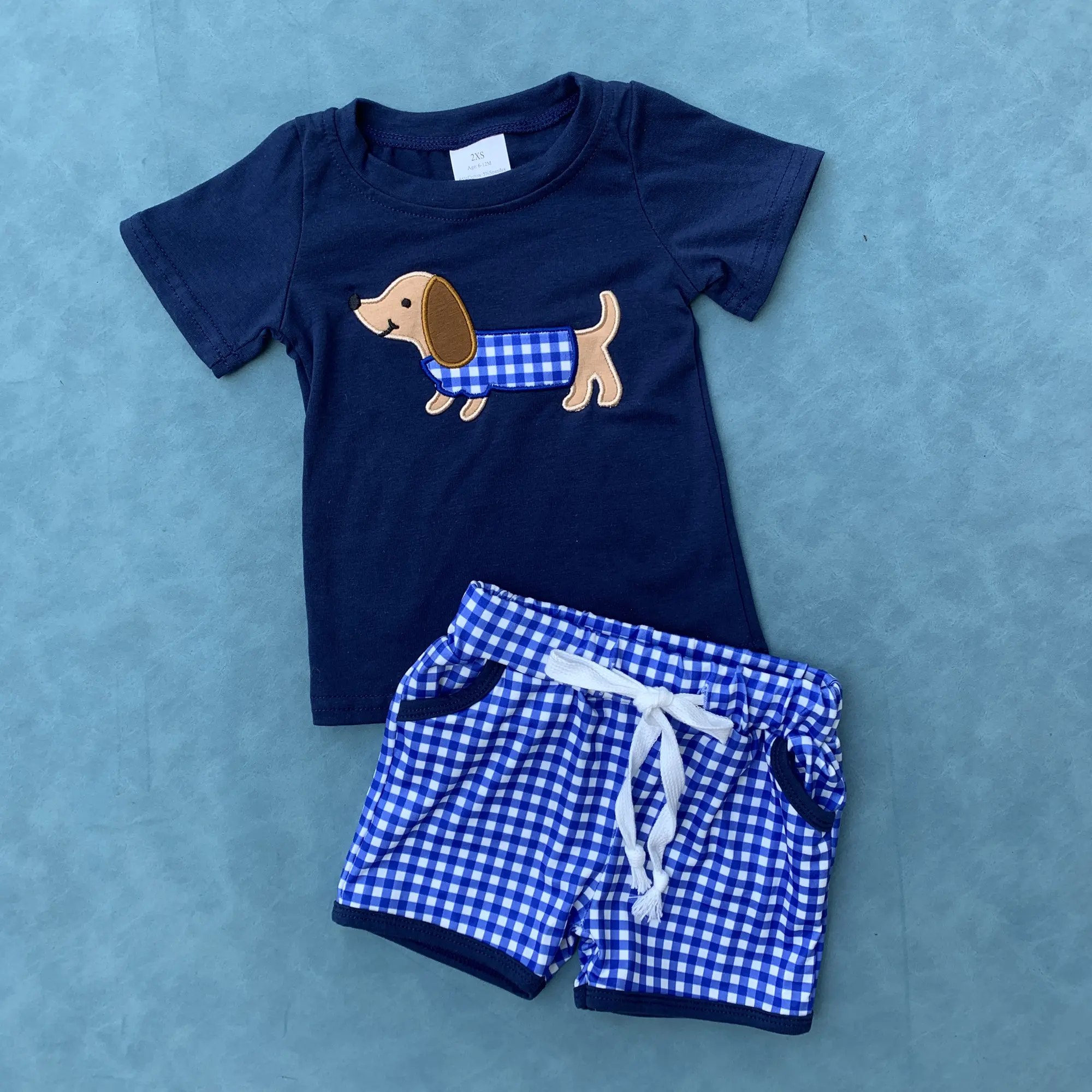 Embroidery dog shirt matching shorts kids boy summer outfit Embroidery dog shirt matching shorts kids boy summer outfit