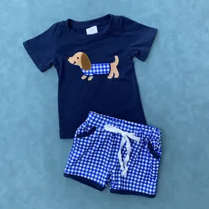 Embroidery dog shirt matching shorts kids boy summer outfit