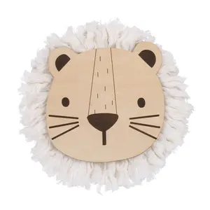 Natural Wood Lion Wall Décor with Ivory Yarn Mane