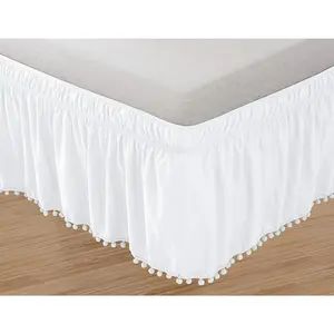 Elegant Comfort Top-Knot Tassle Pompom Fringe Ruffle Skirt Style Elastic Bed Wrap Wrinkle Resistant 16 inch Drop Queen/King White