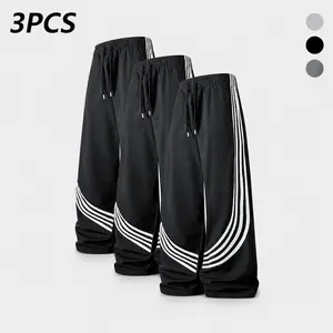 3Pcs Men's Curved Stripe Wide-Leg Track Pants, Elastic Drawstring Waist, Relaxed Fit Streetwear Pants with Side Pockets | 1/2/3 Pack