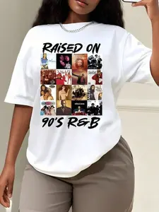 "Raised on 90s R&B" Nostalgic Music Album Cover Graphic T-Shirt, Soft Cotton Oversized Crewneck Tee for Y2K Streetwear, Concert Outfits, Hip Hop & R&B Fans, Retro Music Lover Casual Top, Vintage 90s Vibes, Breathable Cotton, Trendy Street Style for Music