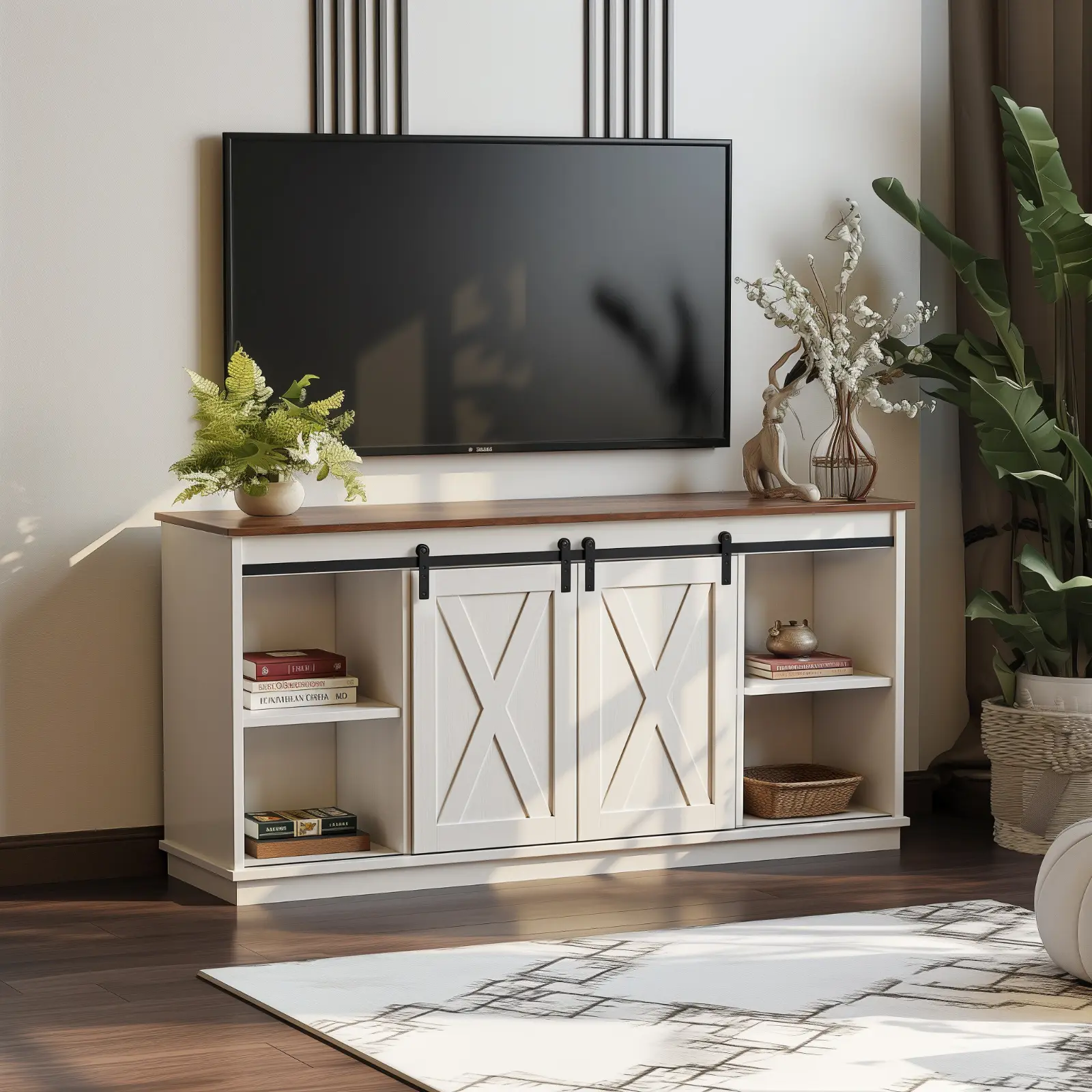 65" Modern Farmhouse Solid Wood TV Stand - TV Cabinet Table with Sliding Barn Doors, Double-Layer Storage, 300LB Capacity Media Console for Living Room, Easy Assembly Design