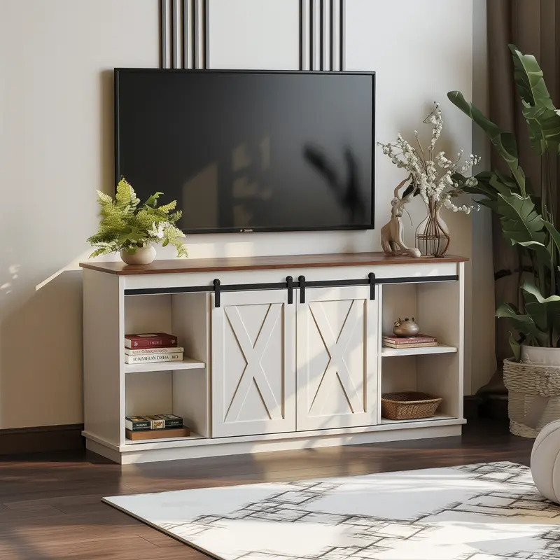 65" Modern Farmhouse Solid Wood TV Stand - TV Cabinet Table with Sliding Barn Doors, Double-Layer Storage, 300LB Capacity Media Console for Living Room, Easy Assembly Design