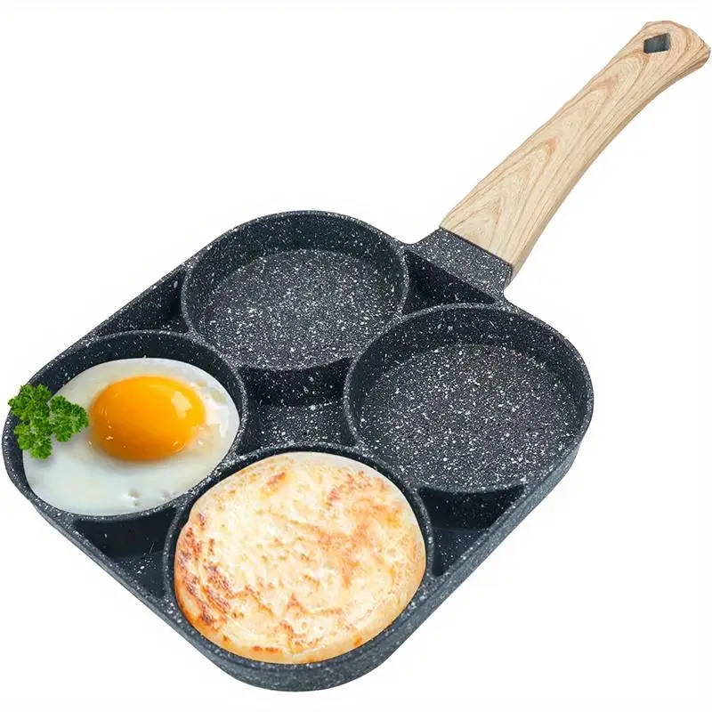 4-grid Egg Frying Pan, 1 Count Non-stick Egg Frying Pan with Wooden Handle, Kitchen Cookware for Frying Egg, Pancake, Omelette