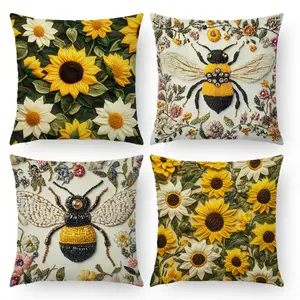 Sunflower & Bee Pattern Cushion Cover, 4 Counts/set Square Throw Pillow Cover, Household Decoration Supplies for Home Living Room Bedroom Sofa Couch