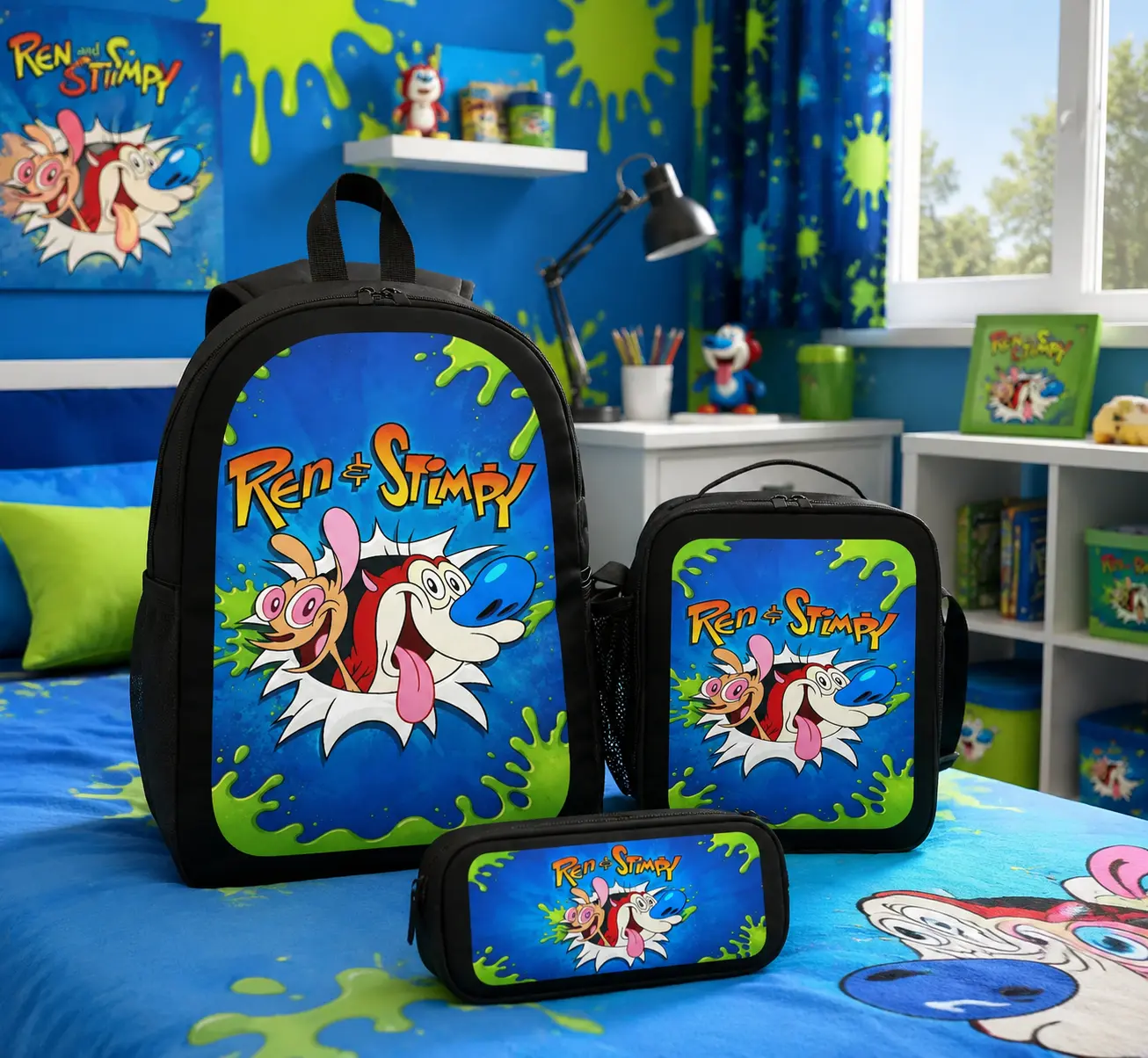 The Ren and Stimpy Show Cartoon Backpack Set 3PCS School Backpack Lunch Bag Pencil Case Cute Anime Style Bookbag Lightweight Daypack Teens Students Backpack with Insulated Lunch Bag TikTok Trending Backpack Set School Bag Gift Boys Girls