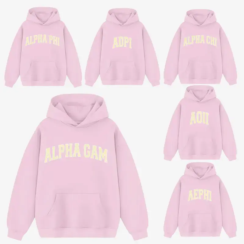 All Team White Sorority Light Pink Hoodie, Trendy Graphic Hoodie, Oversized Pullover, Streetwear Sweatshirt