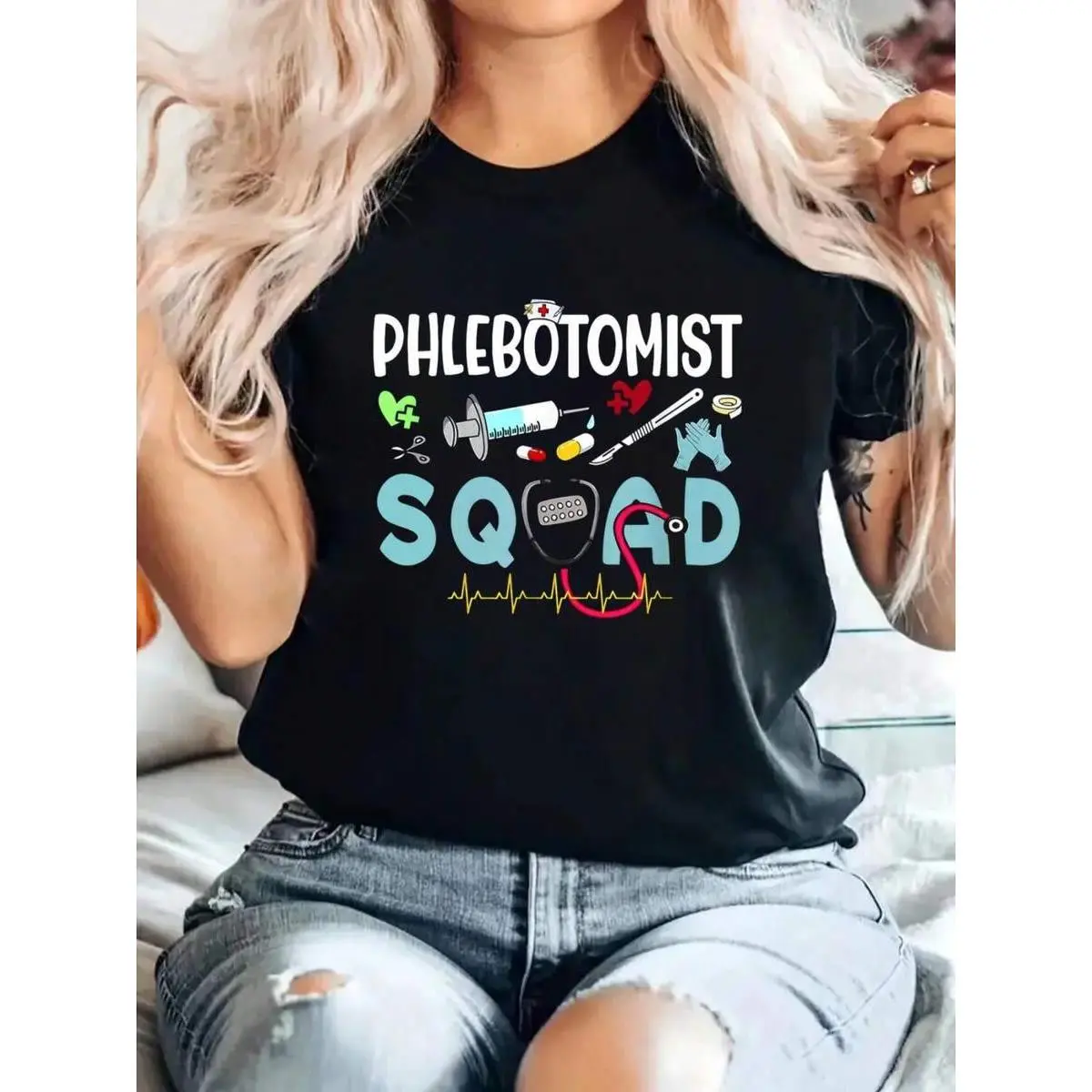 Women's Graphic T-Shirt in an Oversized Fit, Phlebotomist Print Casual Style, Breathable 100% Cotton Crewneck Staple Piece, Tops, Shortsleeve, Fabric, Round Neck, Tshirt, Relaxed Fit, Breathable Fabric, Graphic Print, All Seasons, Basics, Short Sleeve, Dr