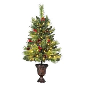 3ft Artificial Mini Christmas Tree with 70 Warm LED Lights, Pine Cones & Red Berries - Tabletop Xmas Tree for Home Office Indoor Outdoor Holiday Decor